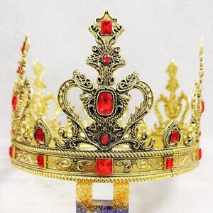 Vintage gold crown, red stone crown, cosplay headdress, birthday party crown